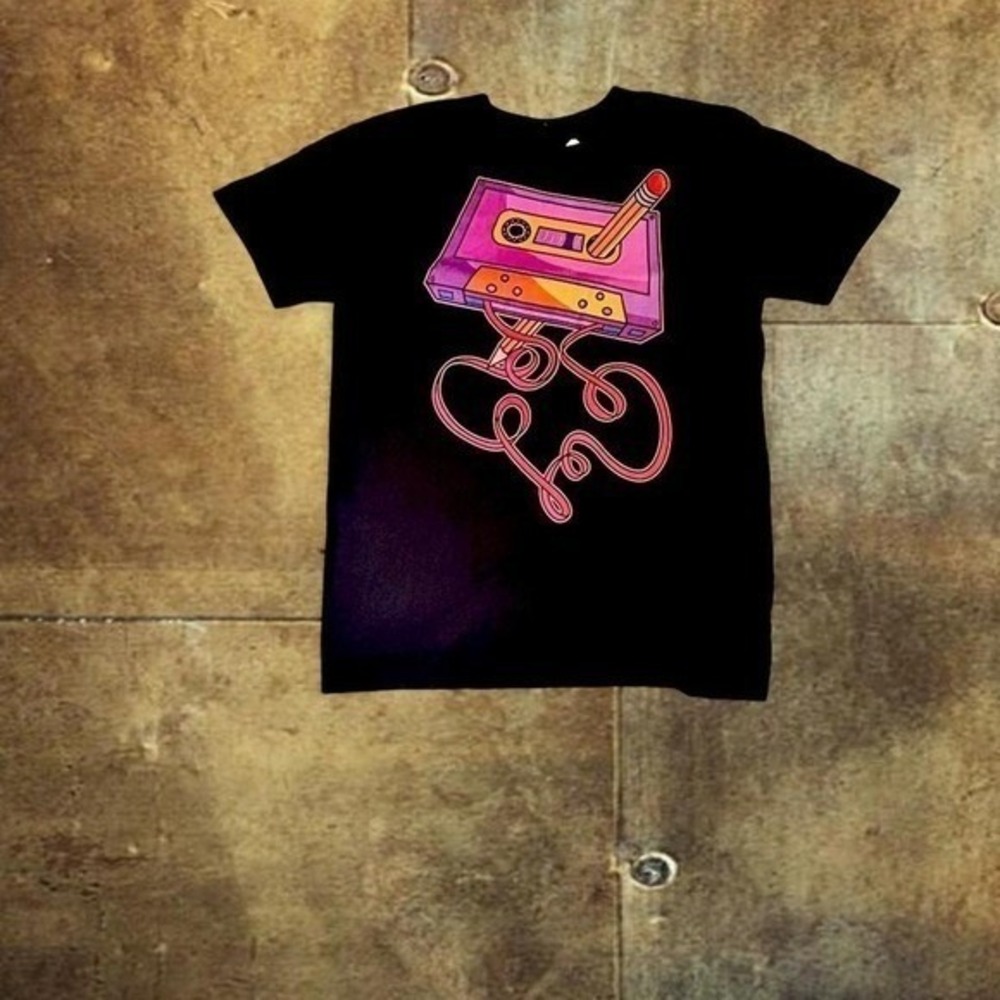 Black cassette tape tee with pink accents.  Size L  70's 80's Unisex